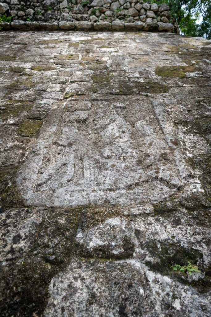 A detailed view of a weathered stone surface with a carved glyph or symbol. The background features a rustic stone wall and surrounding greenery.
