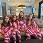 A group photo in matching red and white striped pajamas. A smaller portrait shows smiling faces.