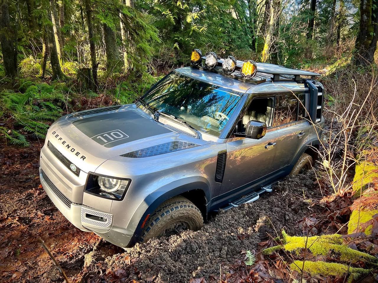 Avants Magazine A silver Land Rover Defender 110 navigating a muddy trail in a dense forest.