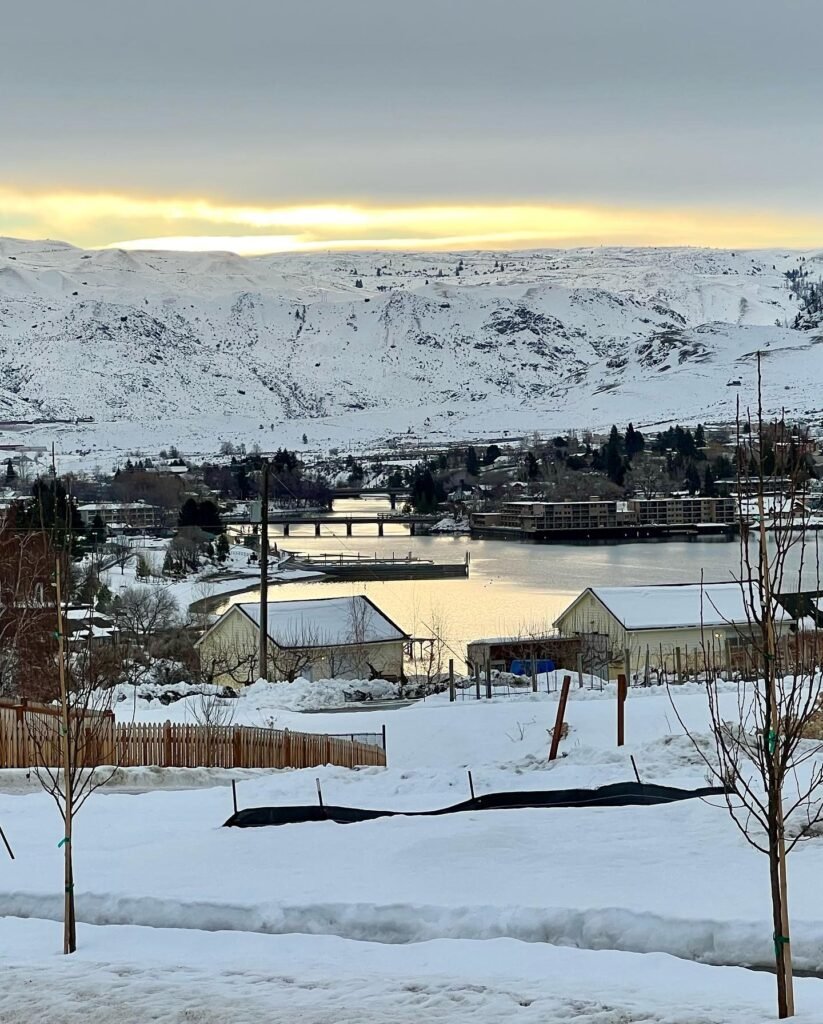 A scenic view of a snowy landscape with a body of water reflecting a golden sky under a cloudy horizon.