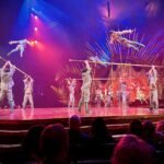 Circus performers executing aerial stunts with colorful lighting and an audience watching from below.