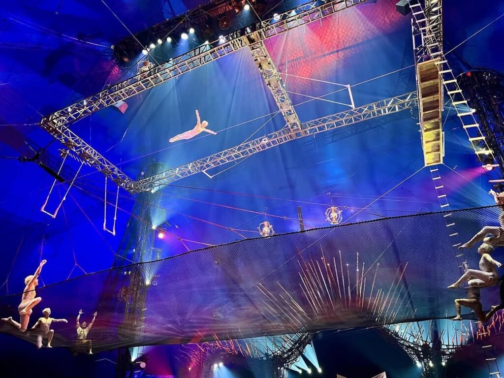 An acrobat is suspended mid-air above a large trampoline, with performers acting below under vibrant blue and pink stage lighting.