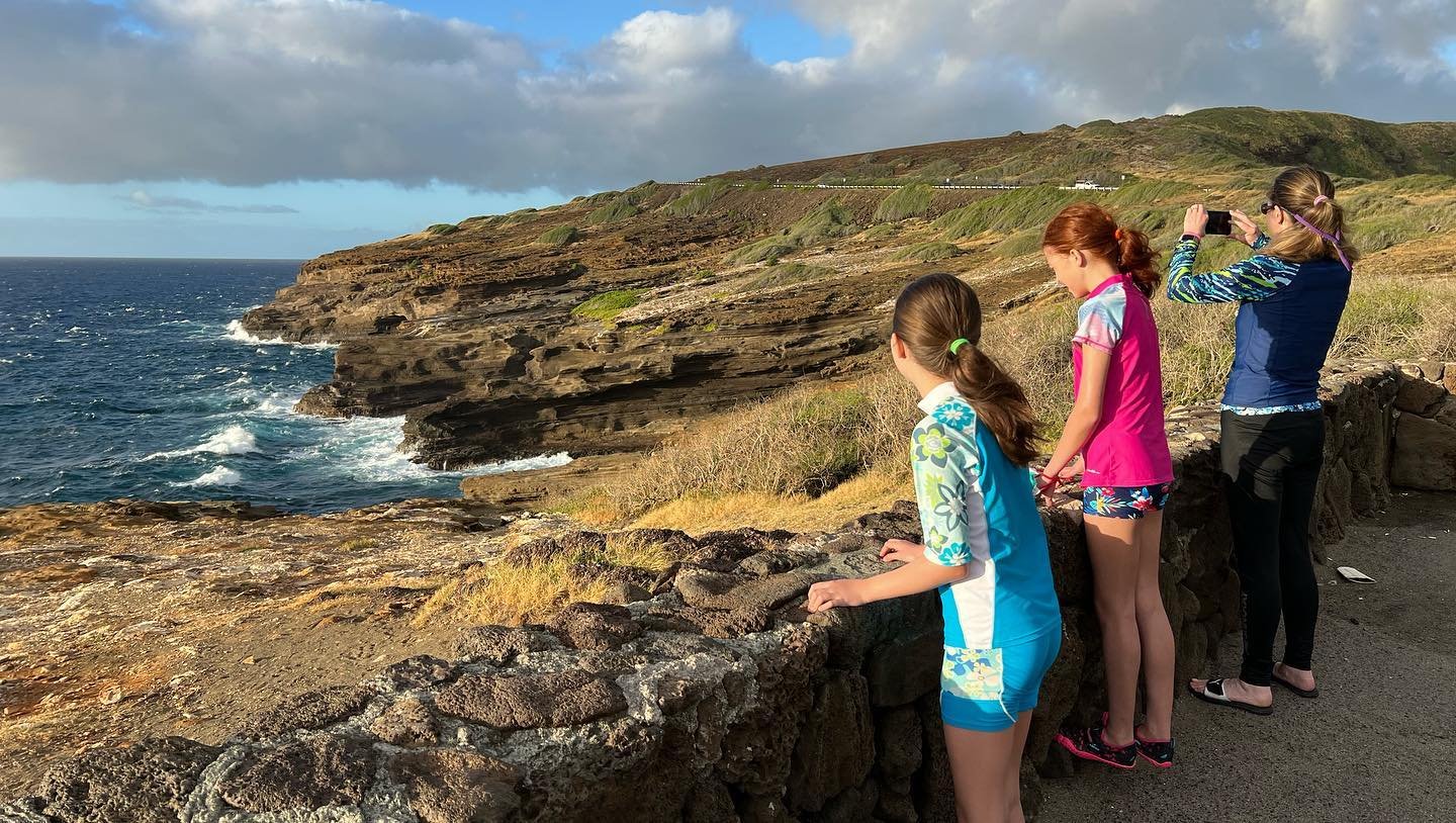 Lanai Lookout View of dramatic rocky sea cliffs along a coastline. People standing near the edge taking photos of the ocean.