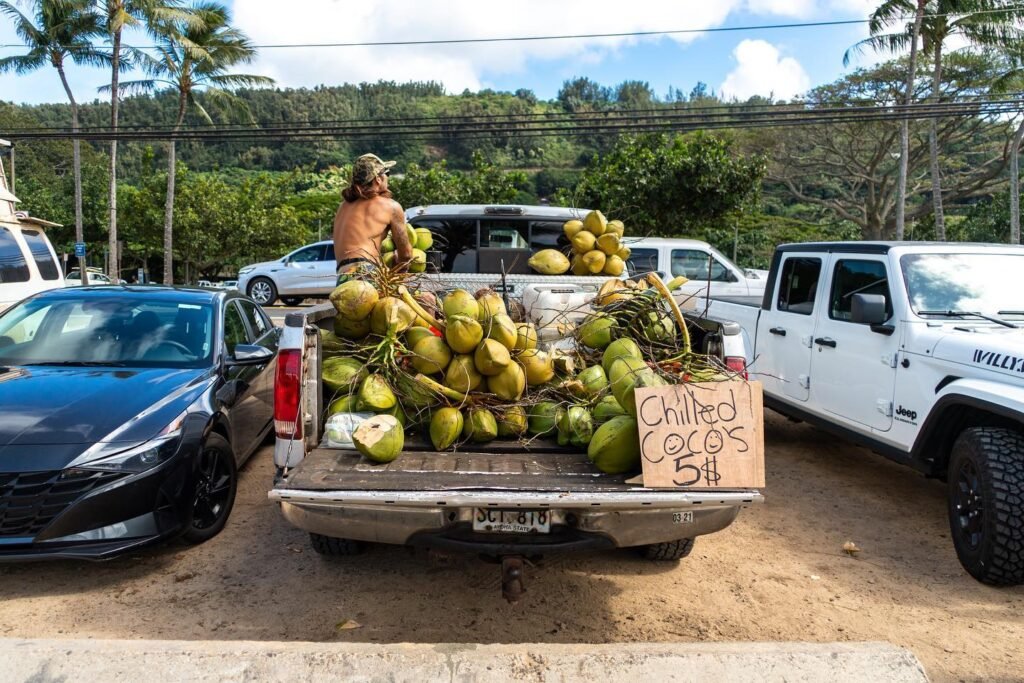 A pickup truck bed is piled stacked with fresh green coconuts for sale. Palms trees and tropical foliage are visible in the background.