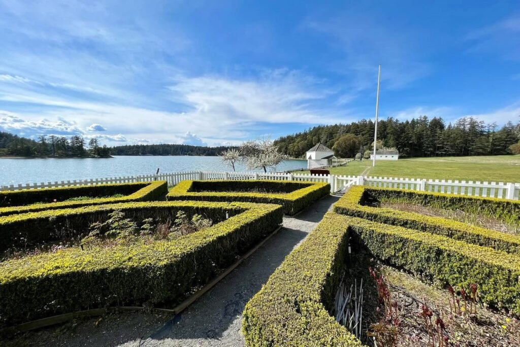 A manicured hedge maze leads to a scenic lake with mountains in the distance