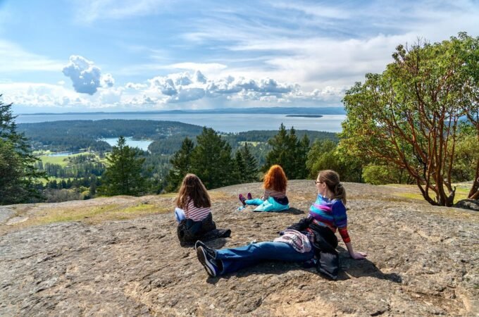 Individuals relaxing on a rocky outcrop overlooking a scenic lake and forest landscape under a sunny sky.