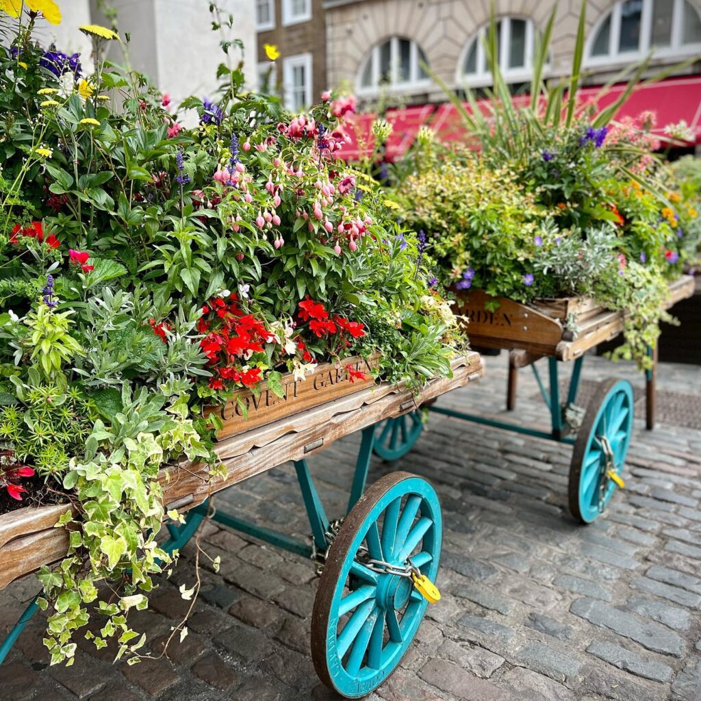 Decorative wooden carts with colorful wheels filled with vibrant flowers on a cobblestone street.