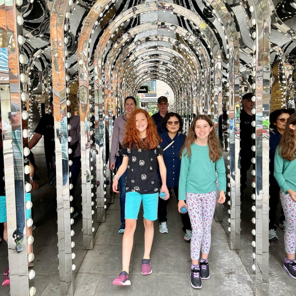 A group of people walking through a captivating tunnel of mirrors and lights, capturing a joyful public art experience.