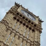 Upward angle of an ornate stone clock tower, highlighting the clock face and architectural details against the sky.