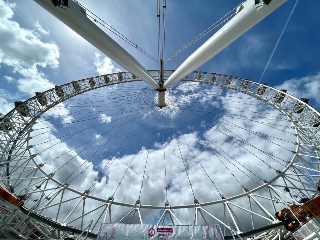 A birds-eye view of a Ferris wheel viewed from inside a pod.