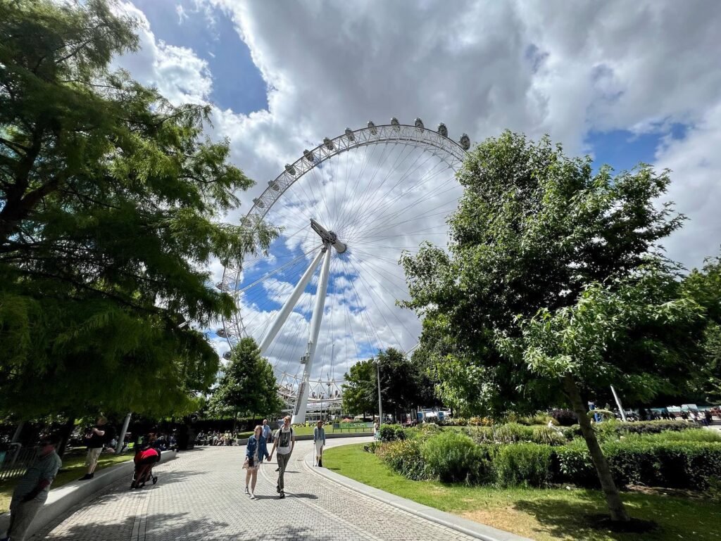A pathway through a lush park with visitors walking. The large Vancouver Observation Wheel stands prominently against a partly cloudy sky.