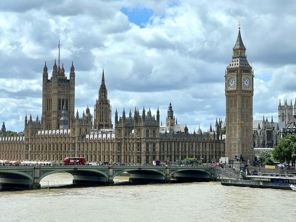 The iconic Big Ben and the Houses of Parliament standing along the Thames River under a partly cloudy sky.