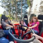 Dachau Family enjoying a roller coaster ride with tall trees in the background.