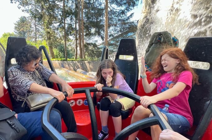 Family enjoying a roller coaster ride with tall trees in the background.