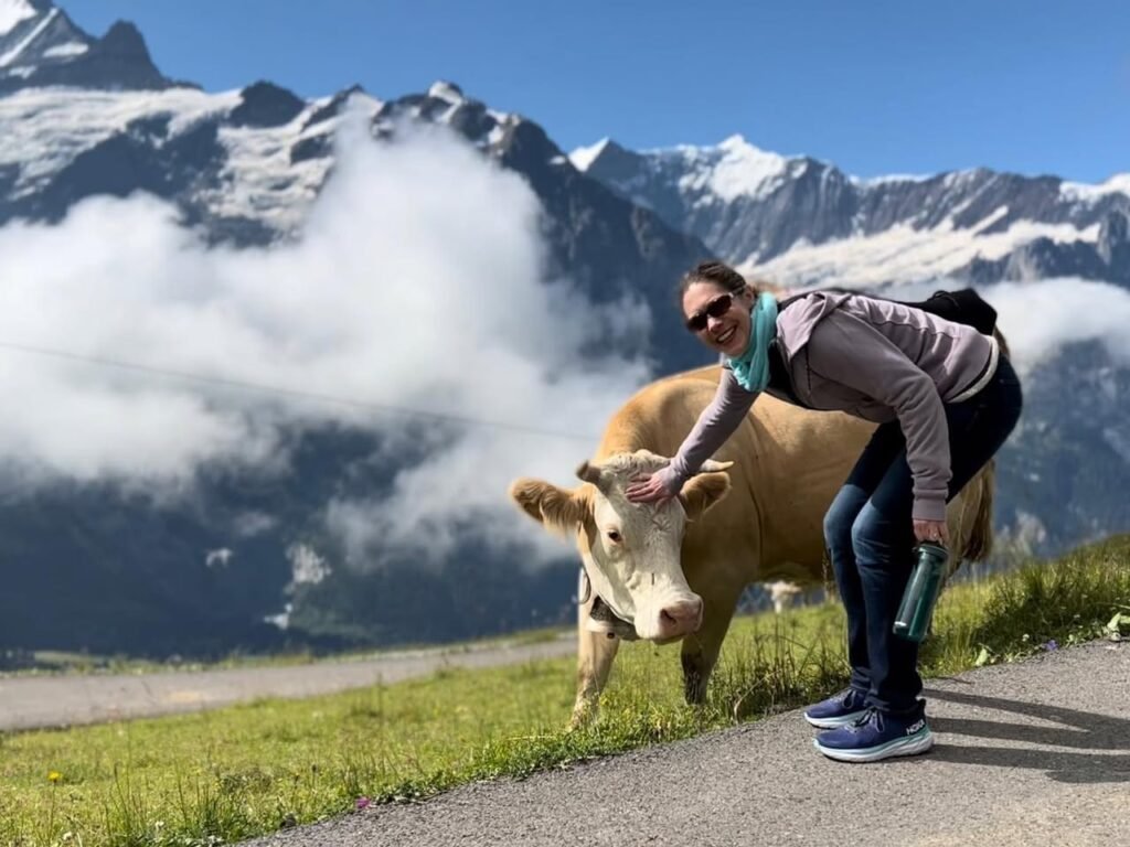 A traveler pets a cattle grazing beside a paved mountain trail. Snow-capped peaks and drifting clouds form a dramatic alpine backdrop.