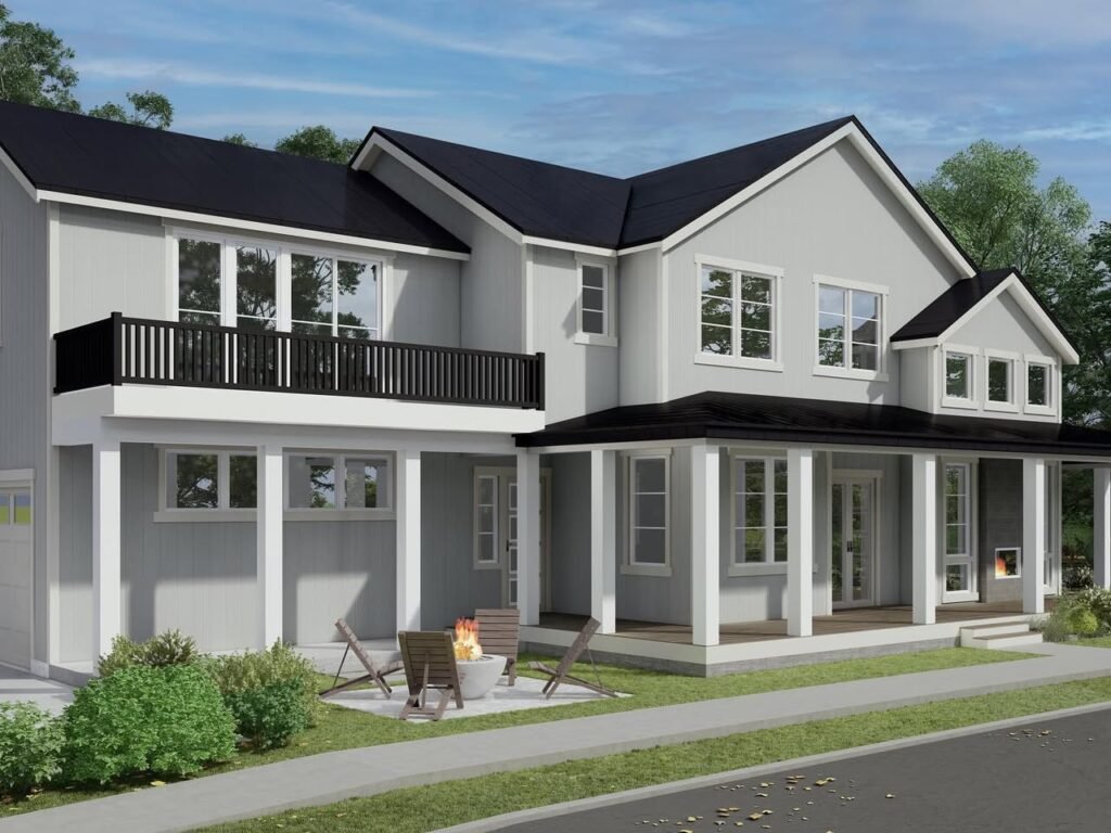 Architectural render of a contemporary home featuring split-level design, grey siding, and black roofing accents.