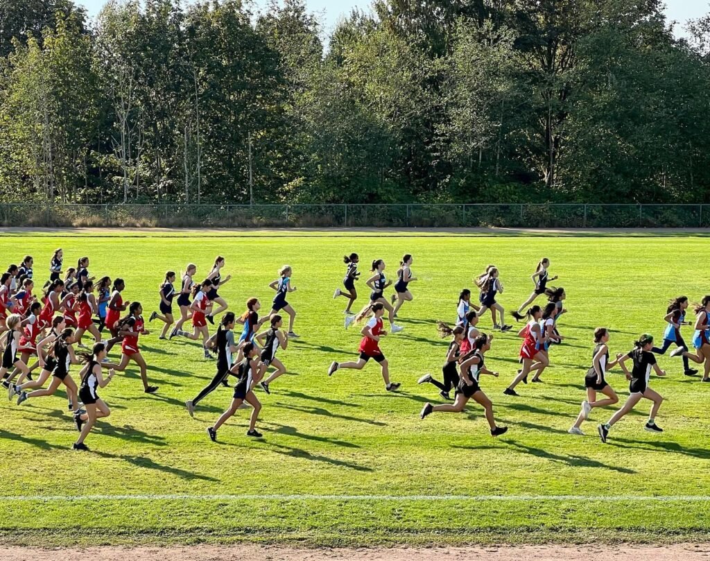 Youth athletes in colorful running uniforms sprint across an open grassy field. The background is filled with lush trees, capturing the energy of a cross country race in progress.