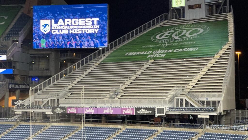 Stadium seating at Fox Field with a large screen displaying a record attendance announcement.