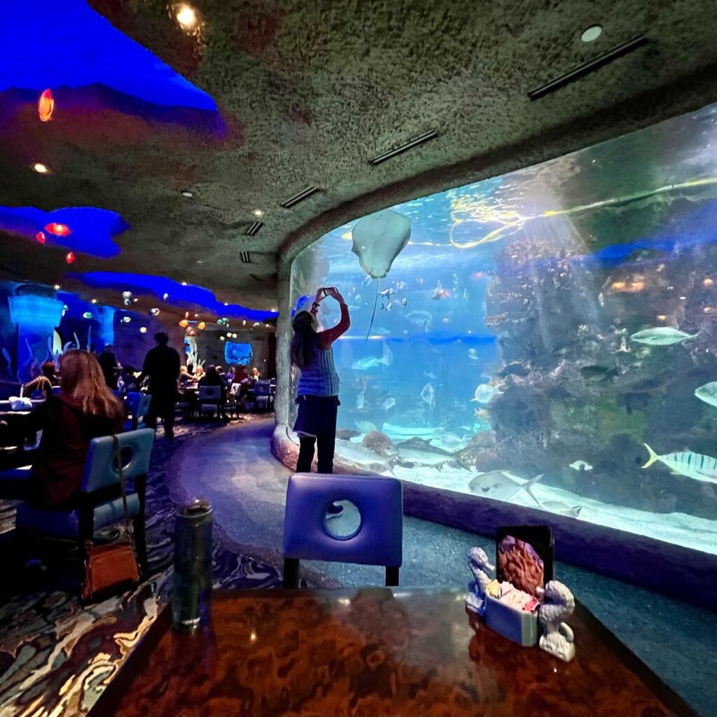 A view of a large aquarium inside a restaurant, with a person taking a picture and a dining table with a small figurine.