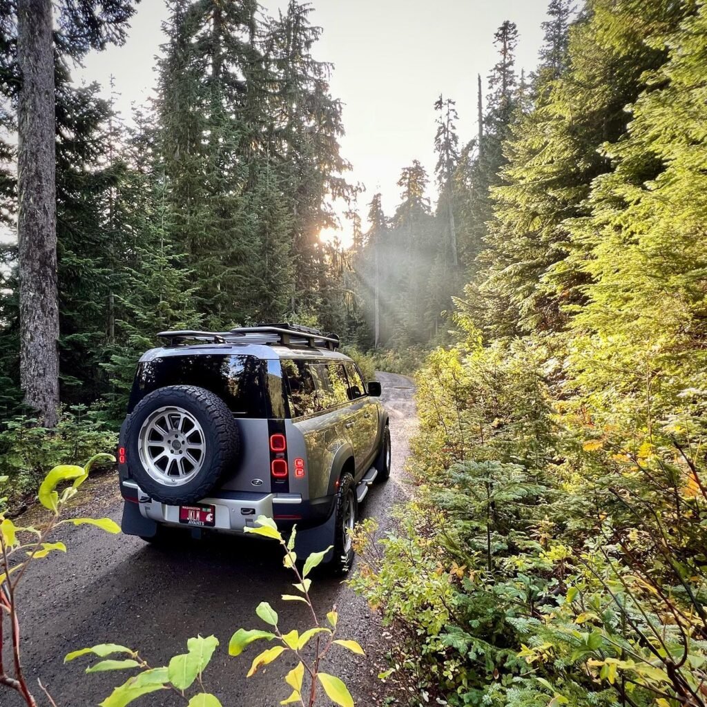 A silver SUV with a spare tire drives along a forest road in the Pacific Northwest. Tall evergreen trees and mist fill the background.