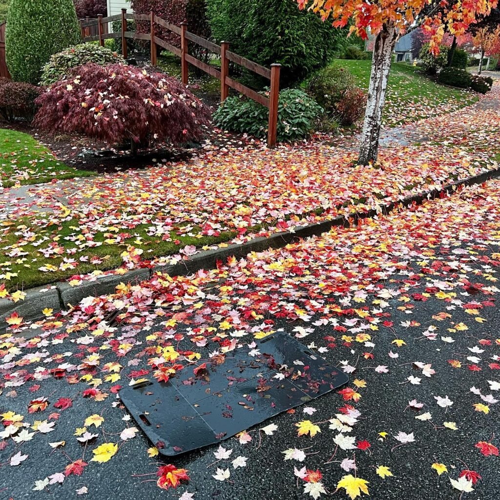A wet residential street and sidewalk covered in vibrant red, yellow, and orange maple leaves next to a house with lush garden greens and a wooden fence.