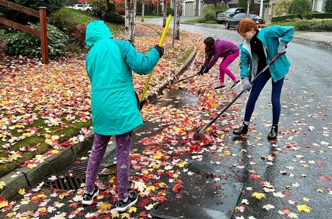A family raking and clearing vibrant autumn leaves from a wet suburban street during a rainy day in the Pacific Northwest.