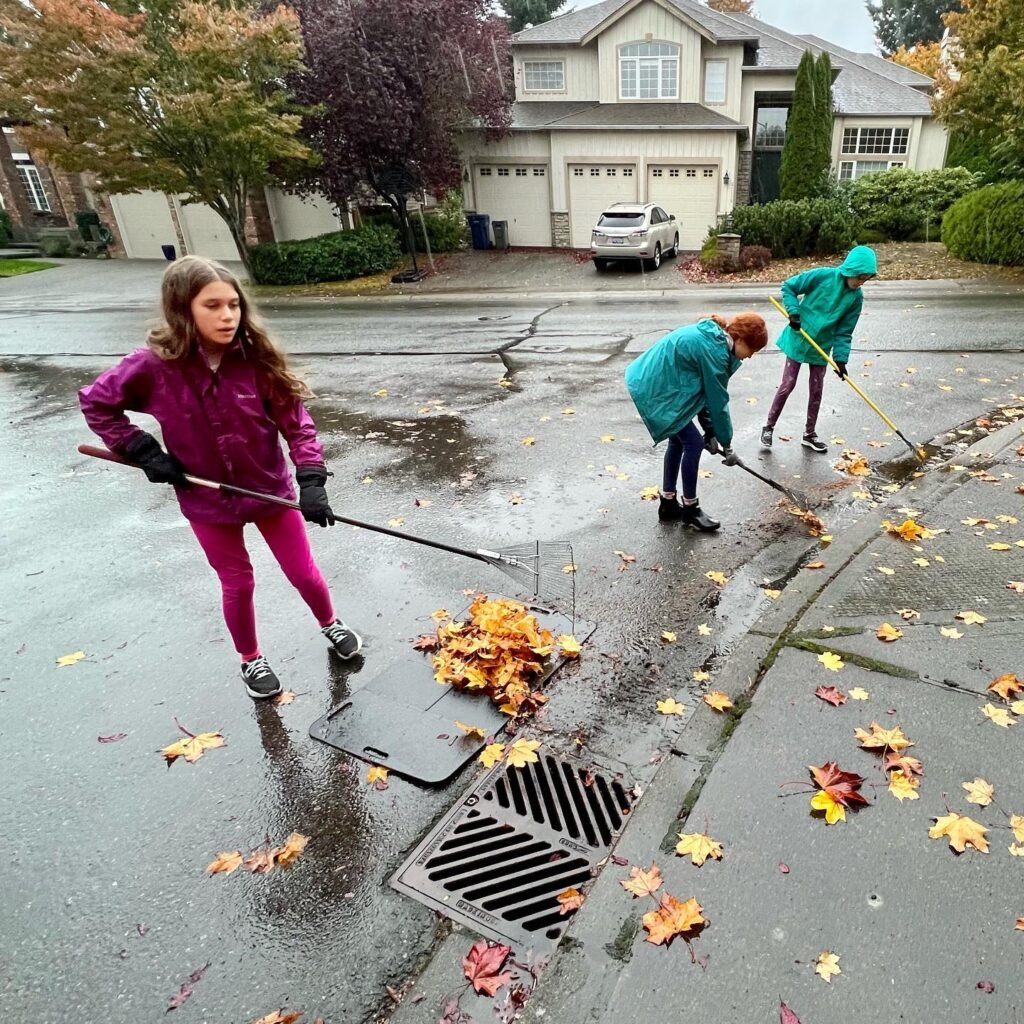 The team works together on a rainy day to gather fallen leaves in a street gutter with specialized tools.