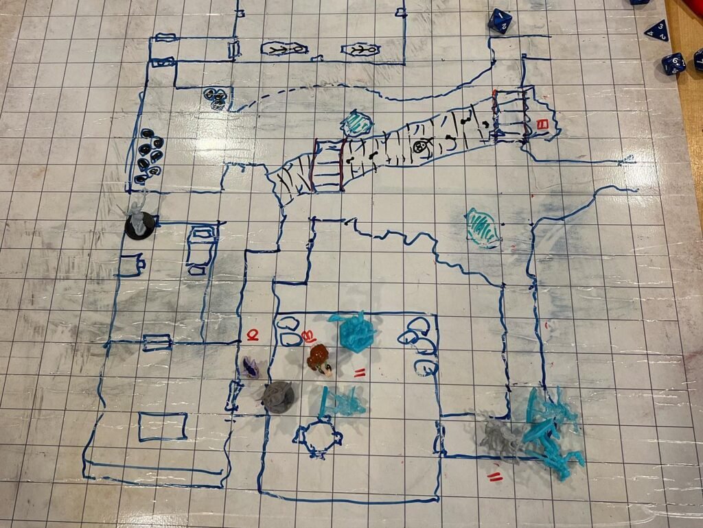 A hand-drawn fantasy map on grid paper, featuring labeled locations and colored markers for terrain features and points of interest.