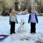 Two people enjoy a snowy day with a snowman and a sled.