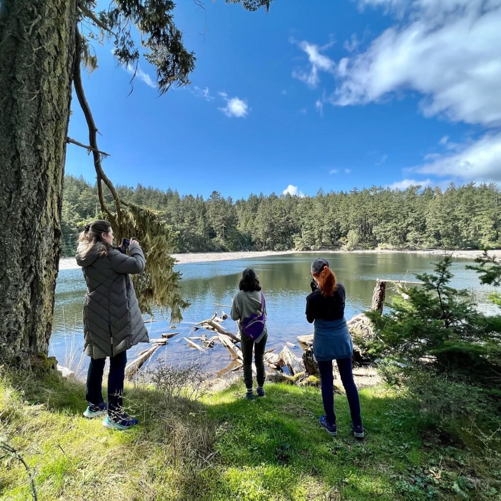 A collage of nature photography featuring a serene forest lake, dramatic blue skies, and photographers capturing the scenic views.