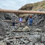 Alpacas Hikers navigating a rocky path with a large log railing, showcasing the rugged beauty of nature.