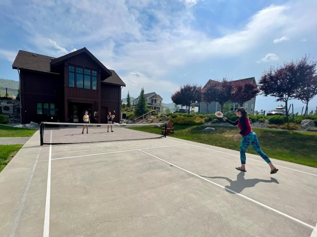 A fun game of backyard volleyball on a concrete court. Dark houses and purple-leafed trees frame a bright blue sky.