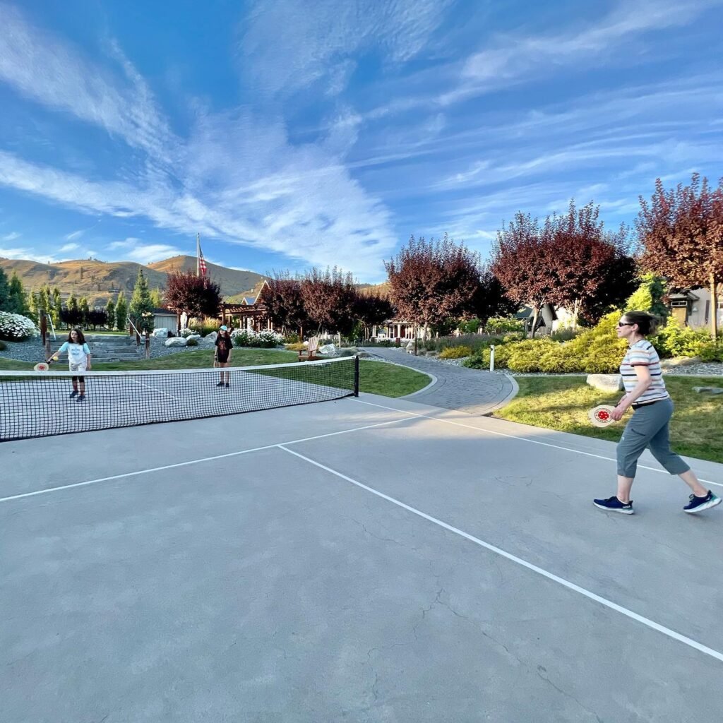People enjoying a game on a modern round net court in a scenic park. Rolling hills and a bright blue sky frame the outdoor activity.
