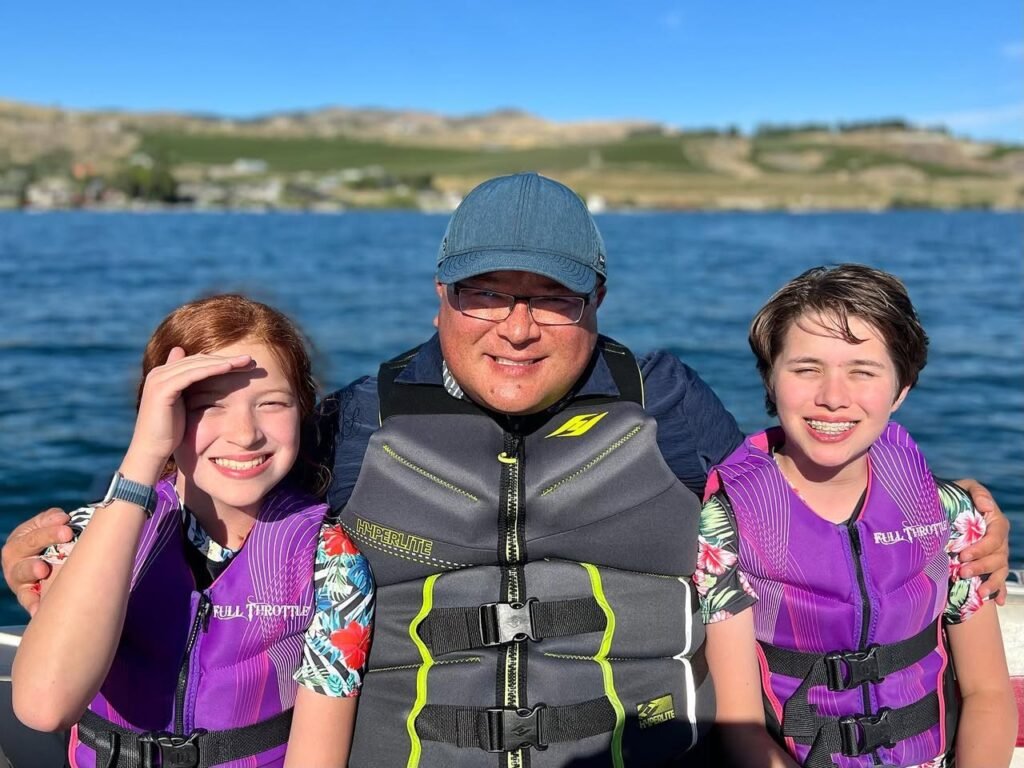 A collage featuring three people wearing life jackets during a boat trip with a scenic waterfront background and clear sky.