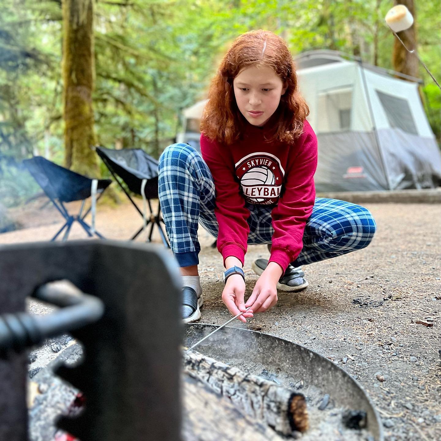 Fairholme Camp Ground Lake Crescent A young girl skillfully making s'mores by a campfire at a family campsite, surrounded by forested nature.