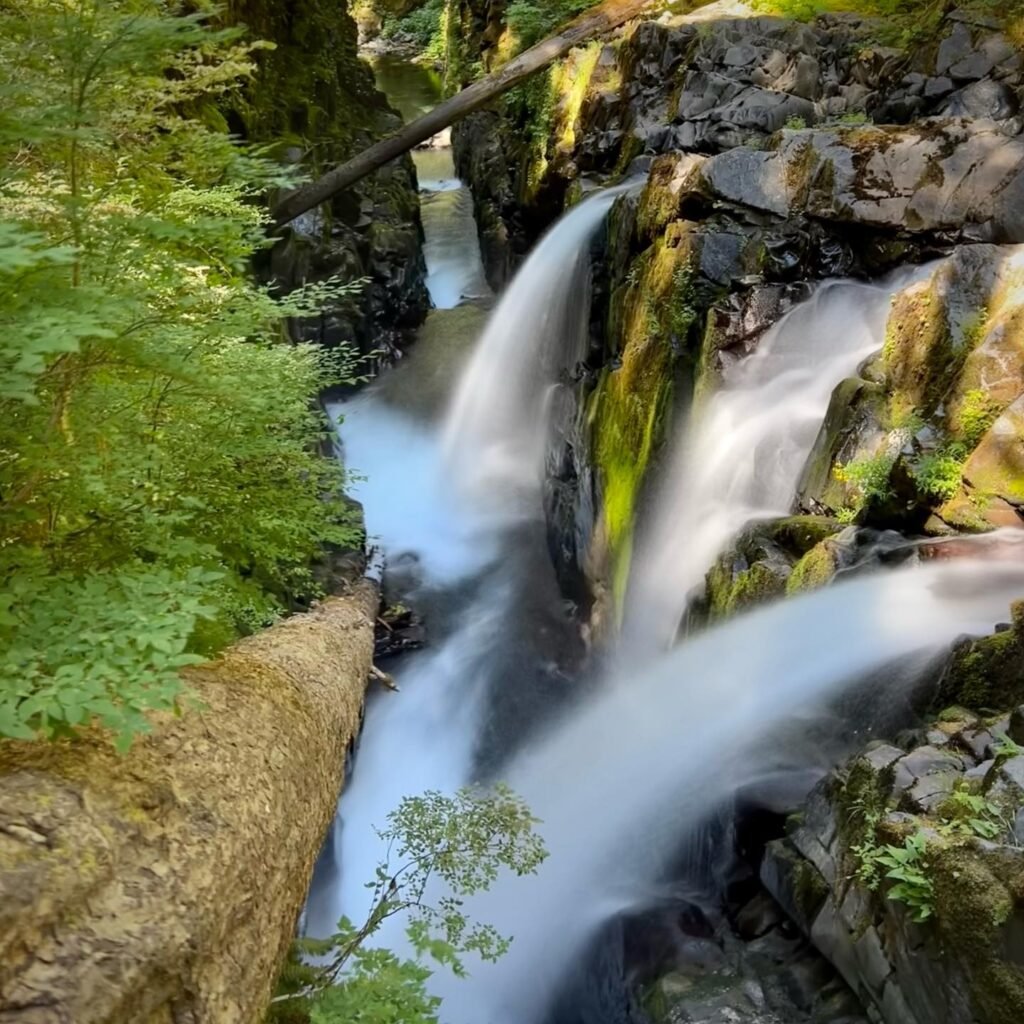 A collection of long-exposure photographs showing a serene waterfall cascading over mossy rocks in a lush, green forest.
