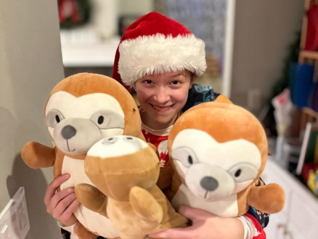 A smiling child wearing a Santa hat holds three plush monkey toys in a home setting.