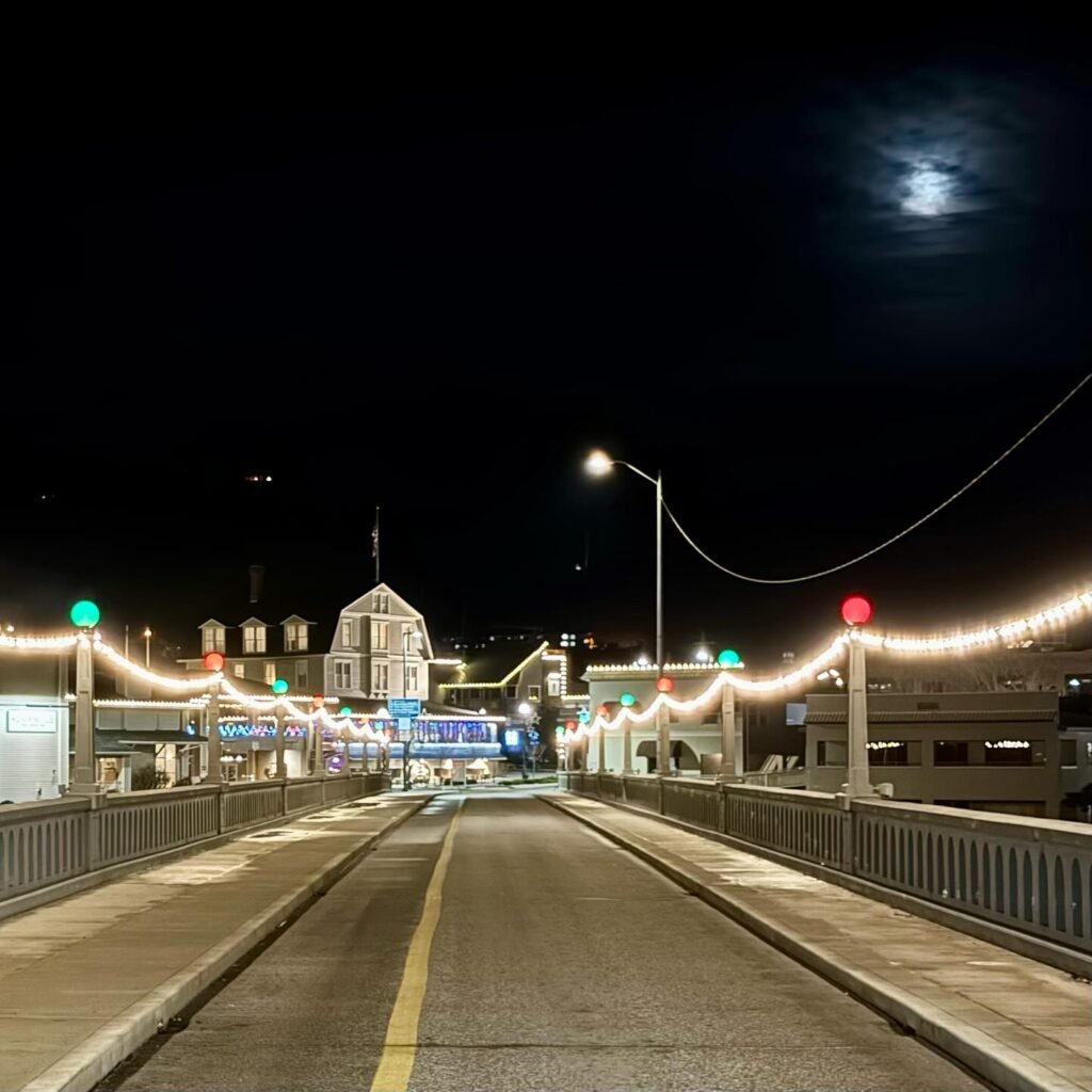 A view of a bridge decorated with strings of lights and traffic signals at night. A bright moon shines in the dark sky above.