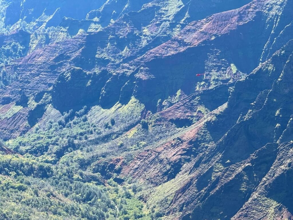 Aerial view of rugged mountains and valleys covered in greenery.