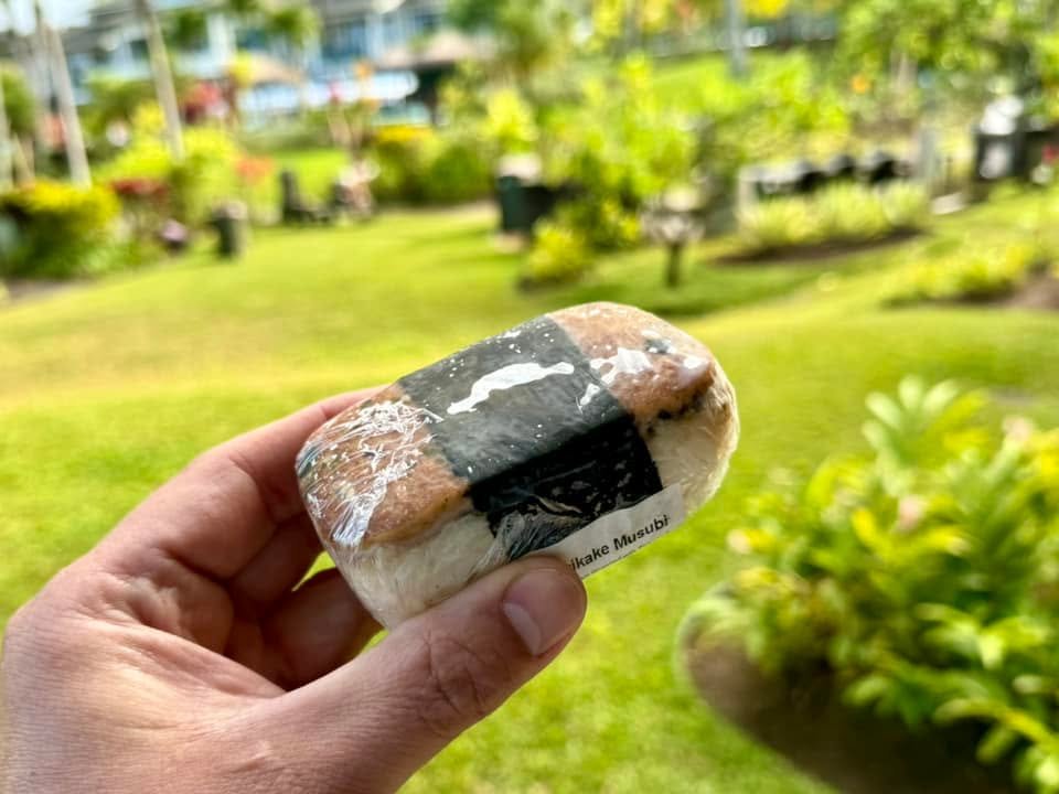 A hand holds a small stone-marbled nose candy in a park.