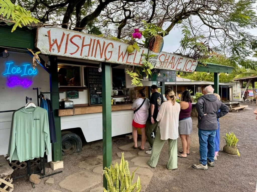 People queue at a food stall with a 'Wishing Well Shave Ice' sign under a tree. The shop features green walls and tropical plants.