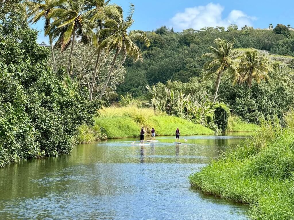 A calm tropical river winding through lush greenery with palm trees and a few people visible in the distance.
