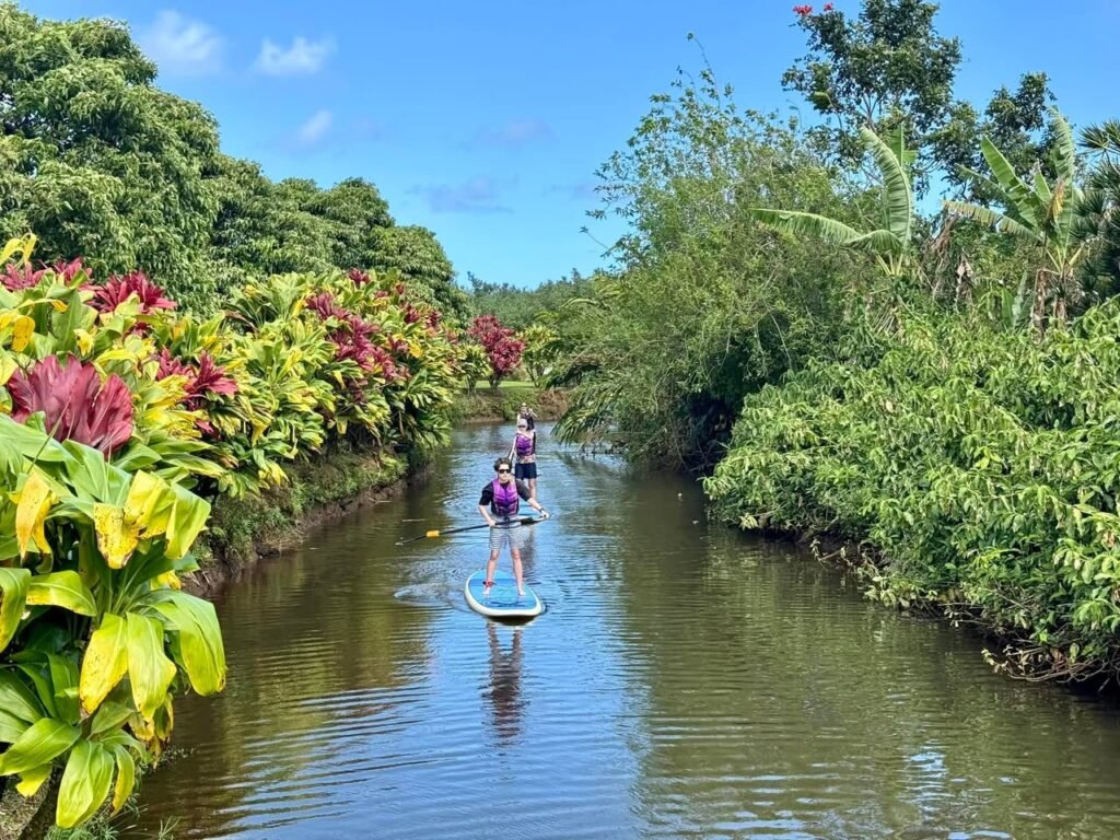 Two people paddleboard along a narrow canal lined with tropical foliage and colorful plants under a bright blue sky.