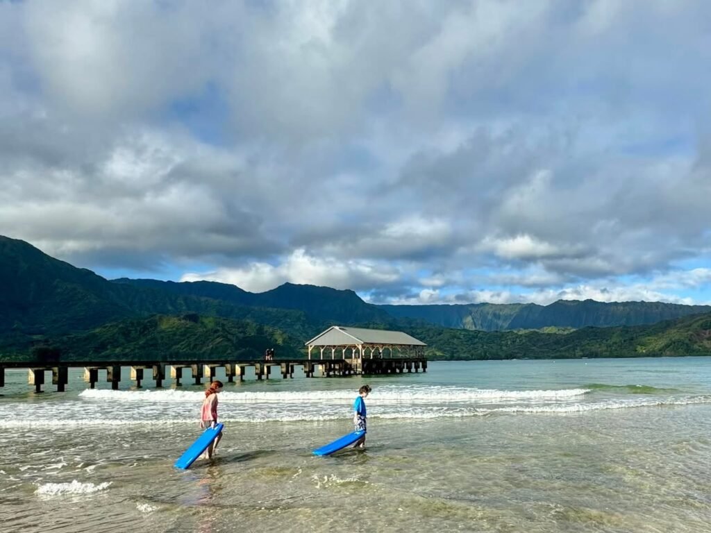 A person carrying a blue surfboard walks through shallow coastal water. A wooden pier structure and lush green hills are visible in the background under a cloudy sky.