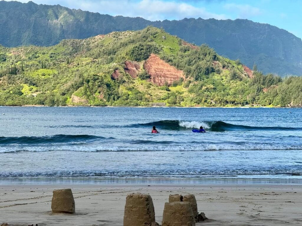 A scenic collage of a coastal beach with sandcastles, surfers, and a backdrop of green mountains.