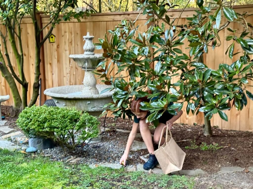 A person crouches in a backyard garden near a fountain and wooden fence, holding a canvas tote bag. A small birdhouse is mounted on the fence.