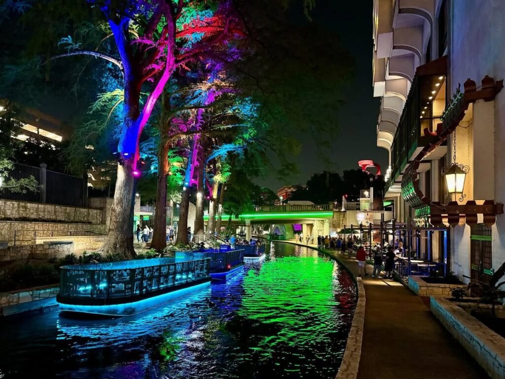 Illuminated Canal Walk at Night in Singapore