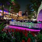 A brightly lit boat with a pink underglow travels along a river at night, passing under a purple-lit arch bridge. Colorful marinaside buildings and vibrant red flowers line the canal.