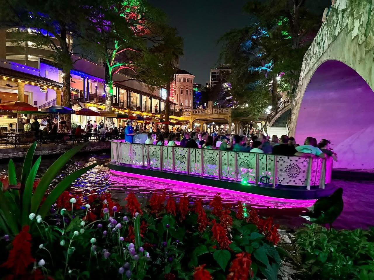 A brightly lit boat with a pink underglow travels along a river at night, passing under a purple-lit arch bridge. Colorful marinaside buildings and vibrant red flowers line the canal.
