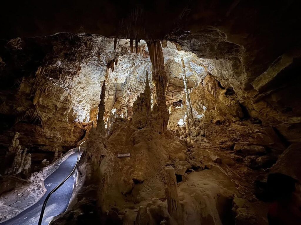 Stalactites and stalagmites in a dark cave illuminated by a light source.